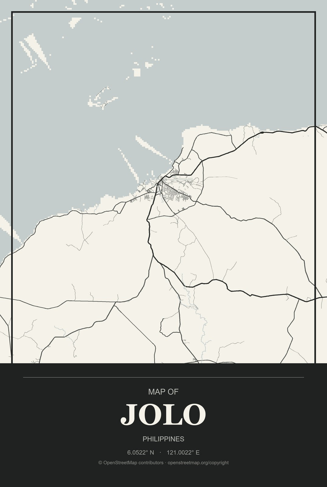 Jolo, Philippines City Map Aluminum Sign in Museum Plaque style