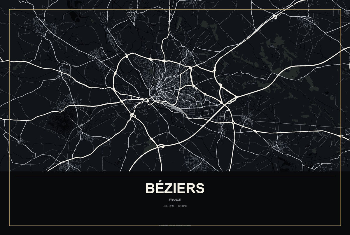 Béziers, France City Map Aluminum Sign in Metropolitan Noir style