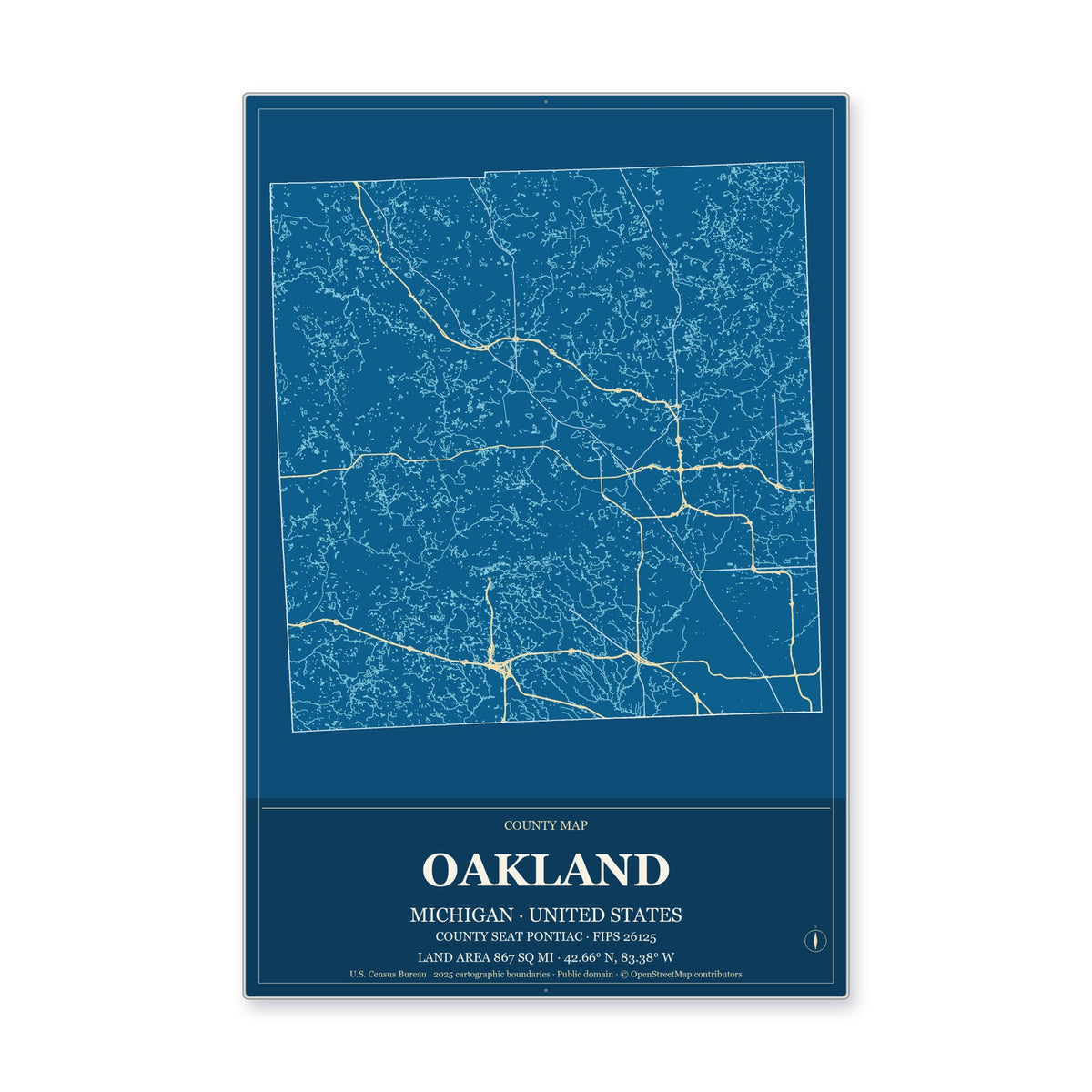 Oakland County, Michigan Map Aluminum Sign in Harbor Cobalt style