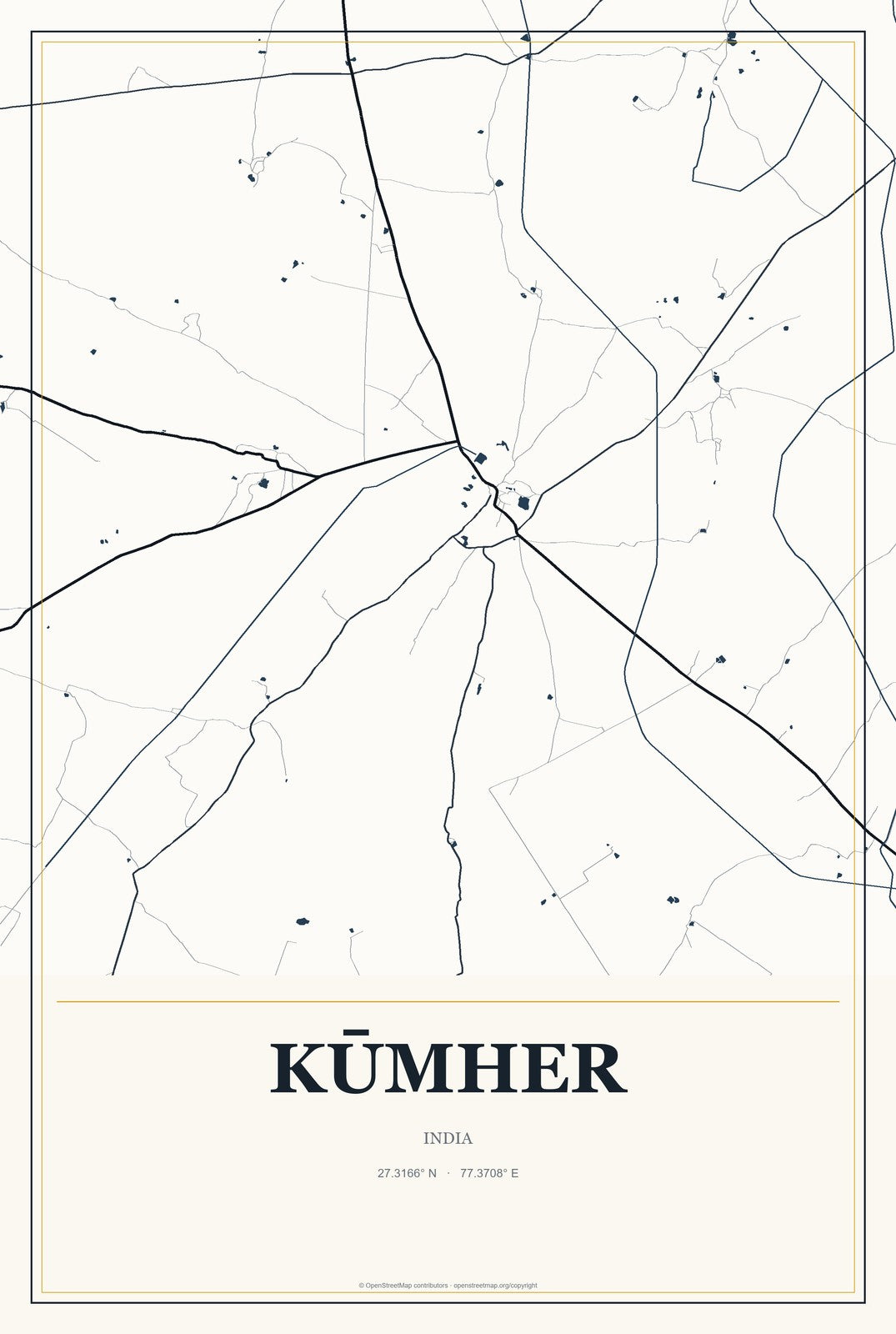 Kūmher, India City Map Aluminum Sign in Citrine Modern style