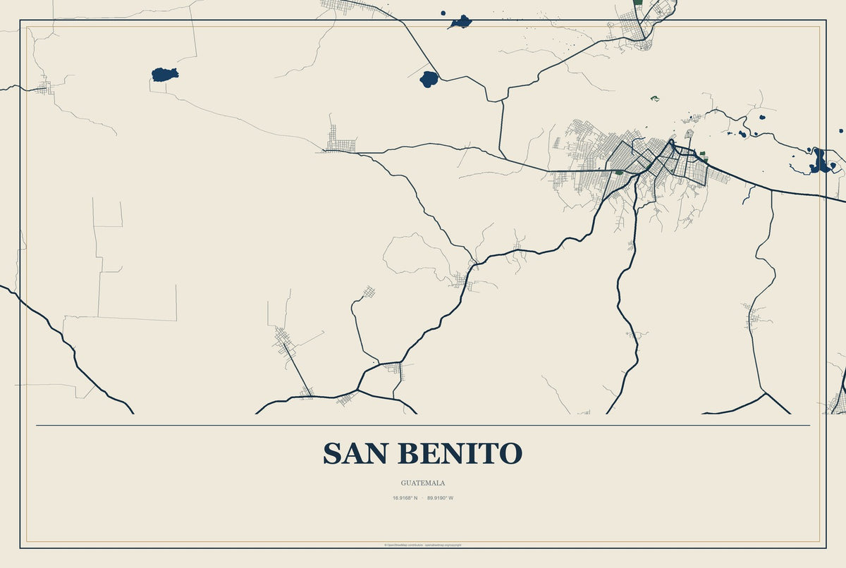 San Benito, Guatemala City Map Aluminum Sign in Coastal Cutout style