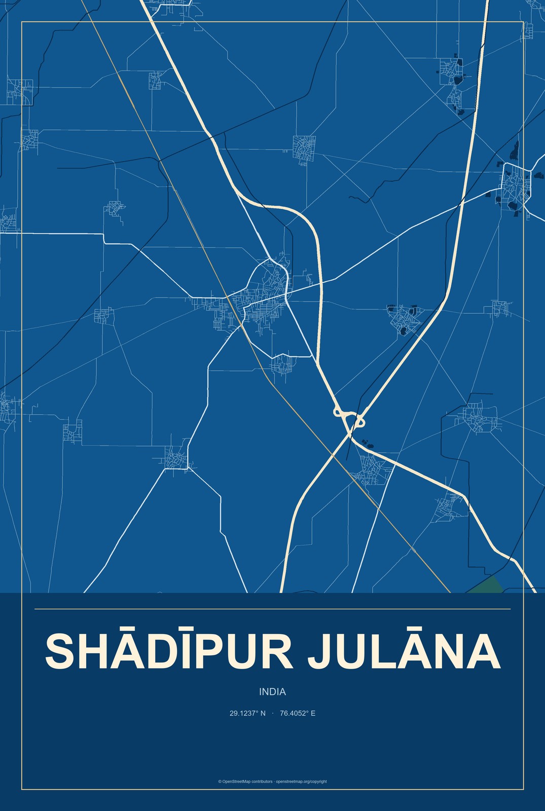 Shādīpur Julāna, India City Map Aluminum Sign in Harbor Cobalt style