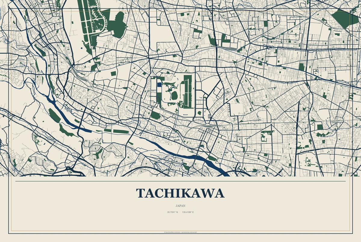 Tachikawa, Japan City Map Aluminum Sign in Coastal Cutout style