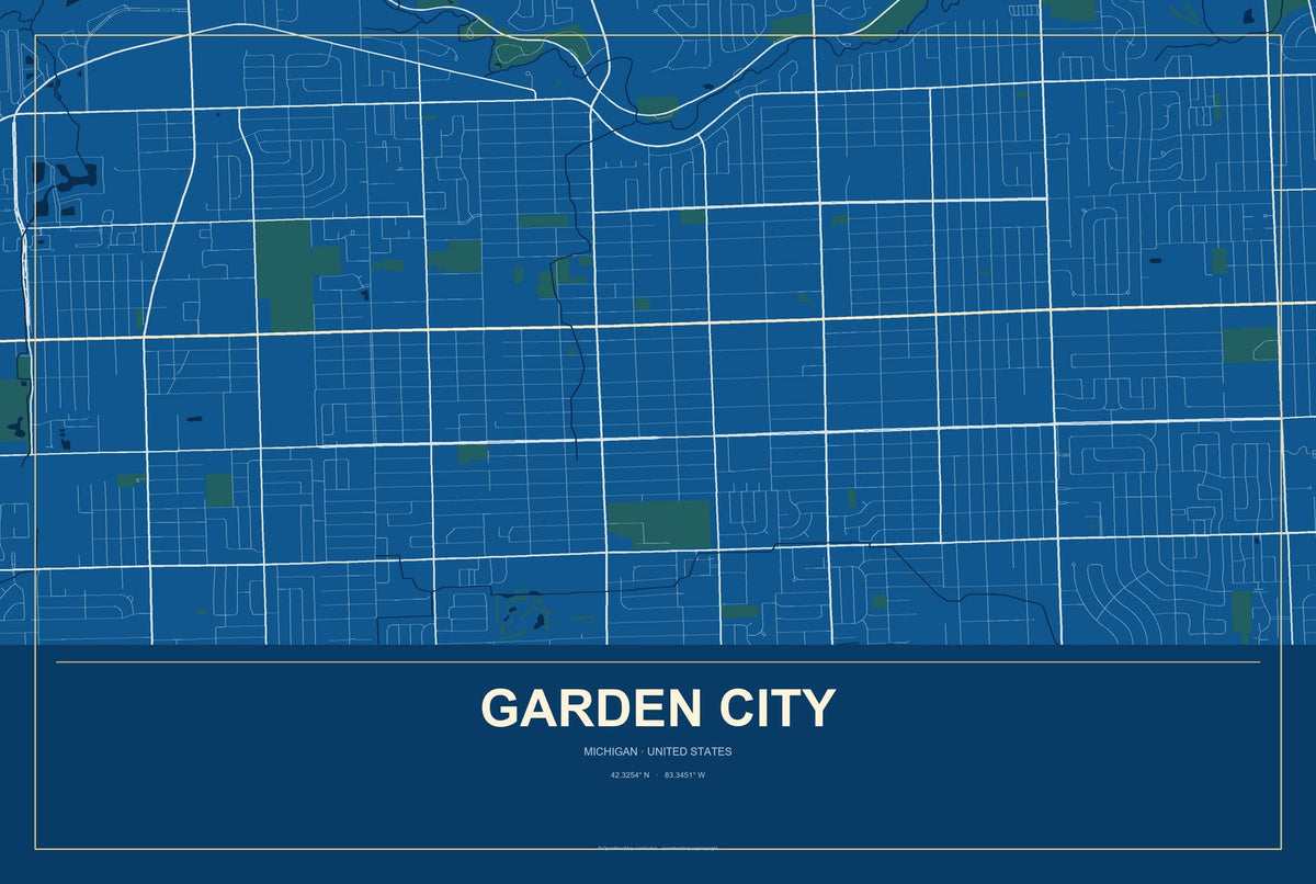 Garden City, Michigan City Map Aluminum Sign in Harbor Cobalt style