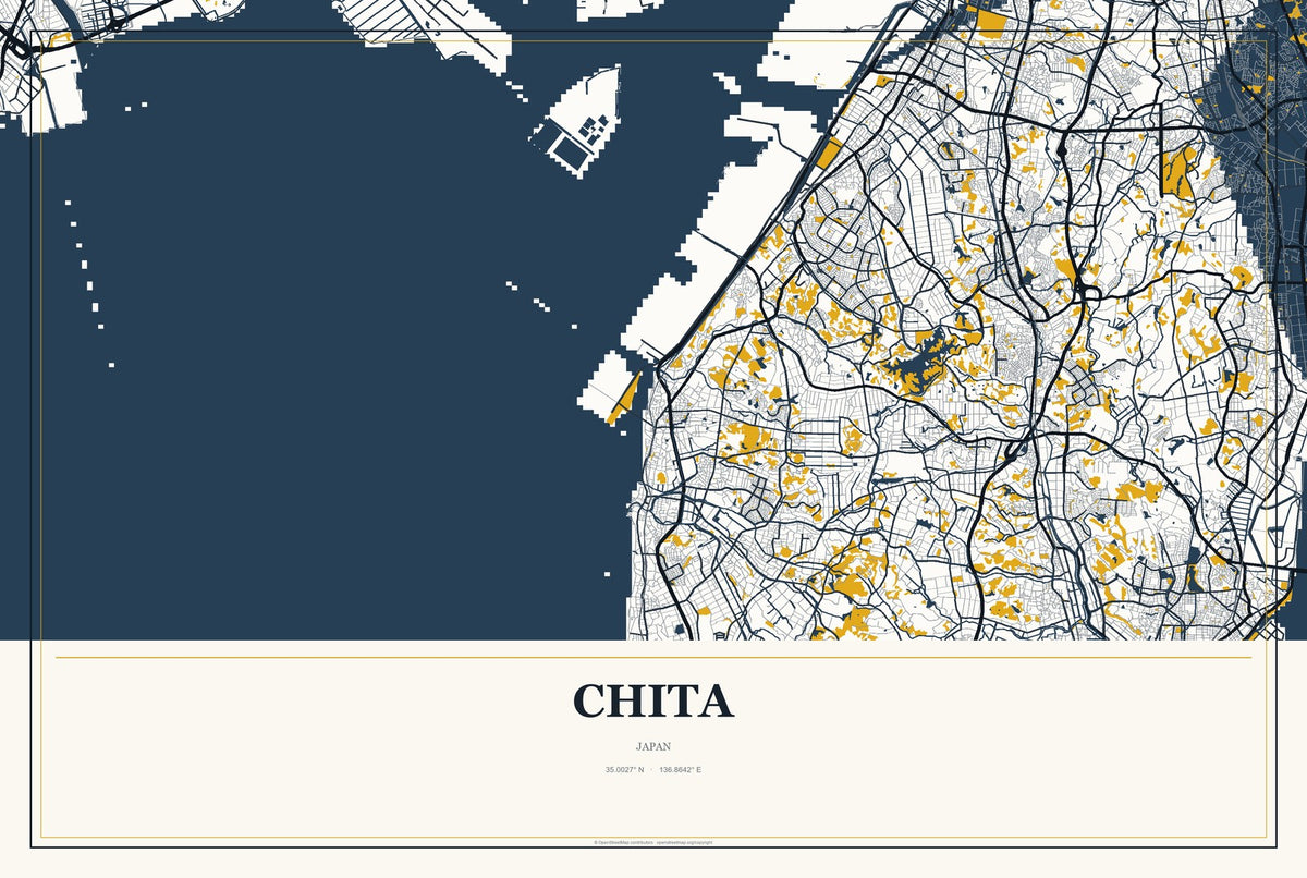 Chita, Japan City Map Aluminum Sign in Citrine Modern style