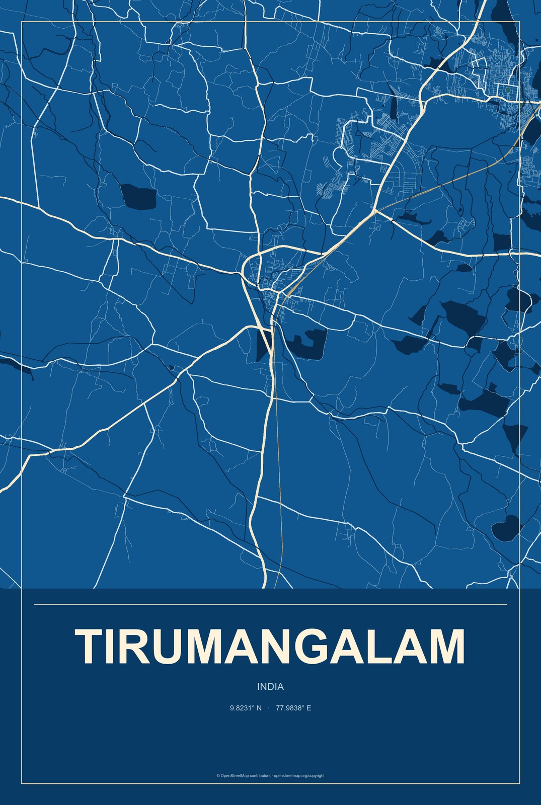 Tirumangalam, India City Map Aluminum Sign in Harbor Cobalt style