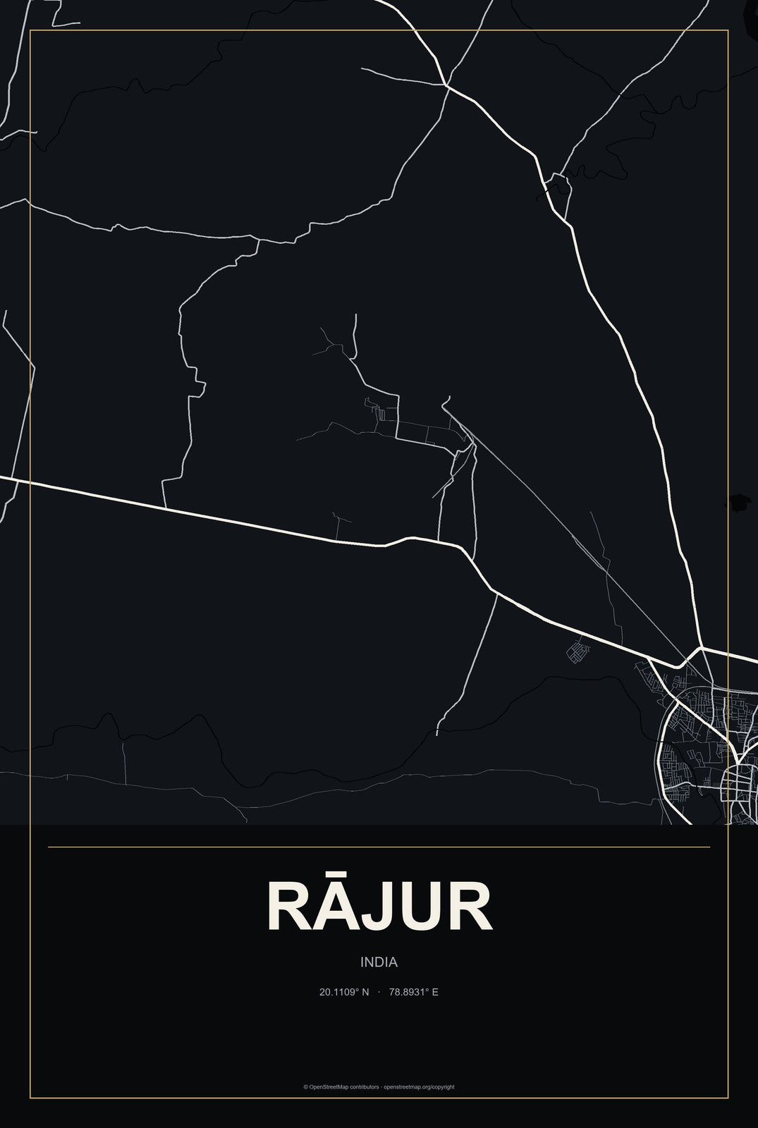 Rājur, India City Map Aluminum Sign in Metropolitan Noir style