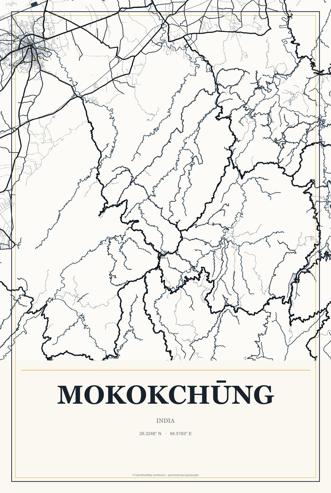 Mokokchūng, India City Map Aluminum Sign in Citrine Modern style