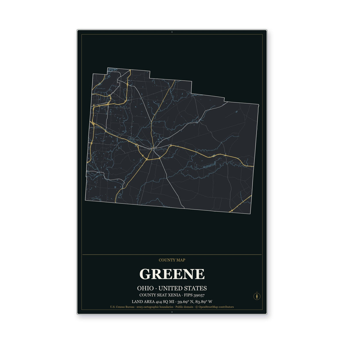 Greene County, Ohio Map Aluminum Sign in Metropolitan Noir style