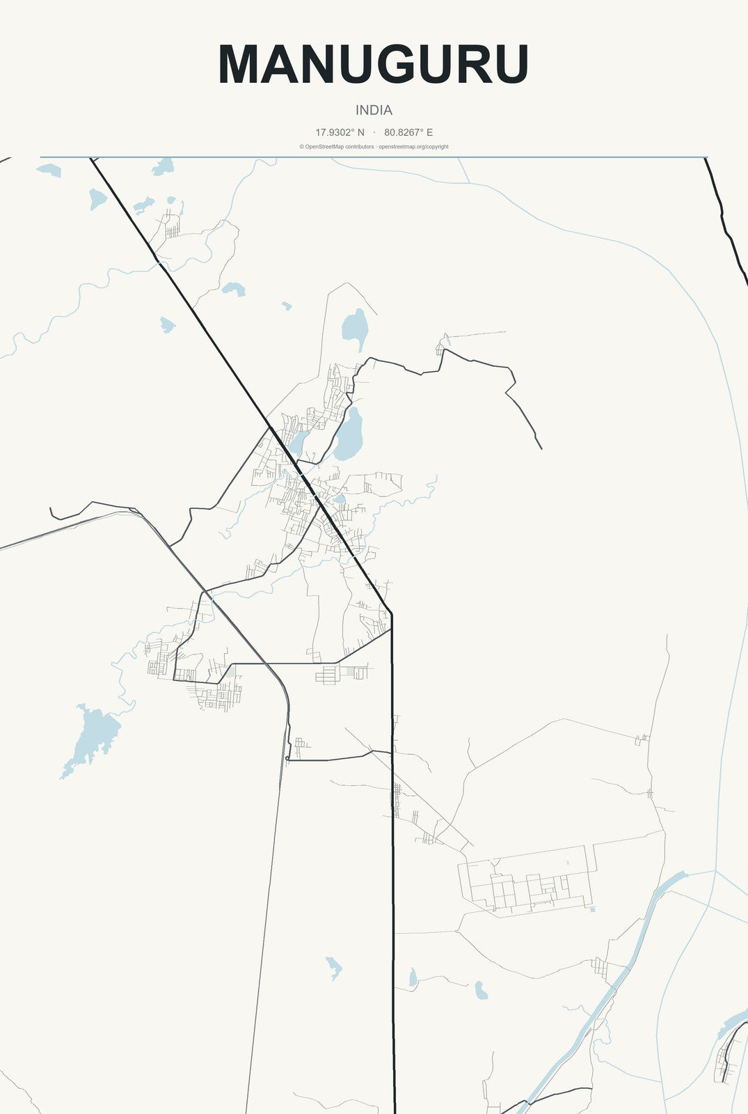 Manuguru, India City Map Aluminum Sign in Headline Atlas style