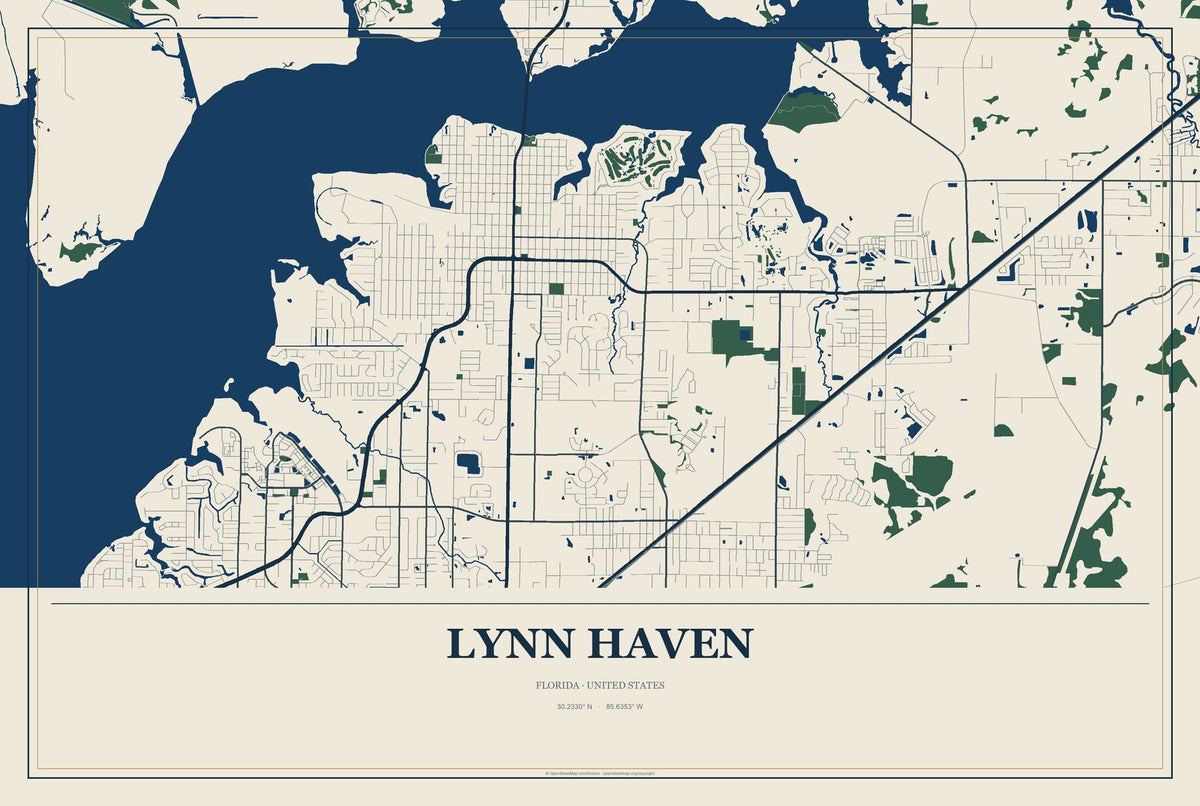 Lynn Haven, Florida City Map Aluminum Sign in Coastal Cutout style