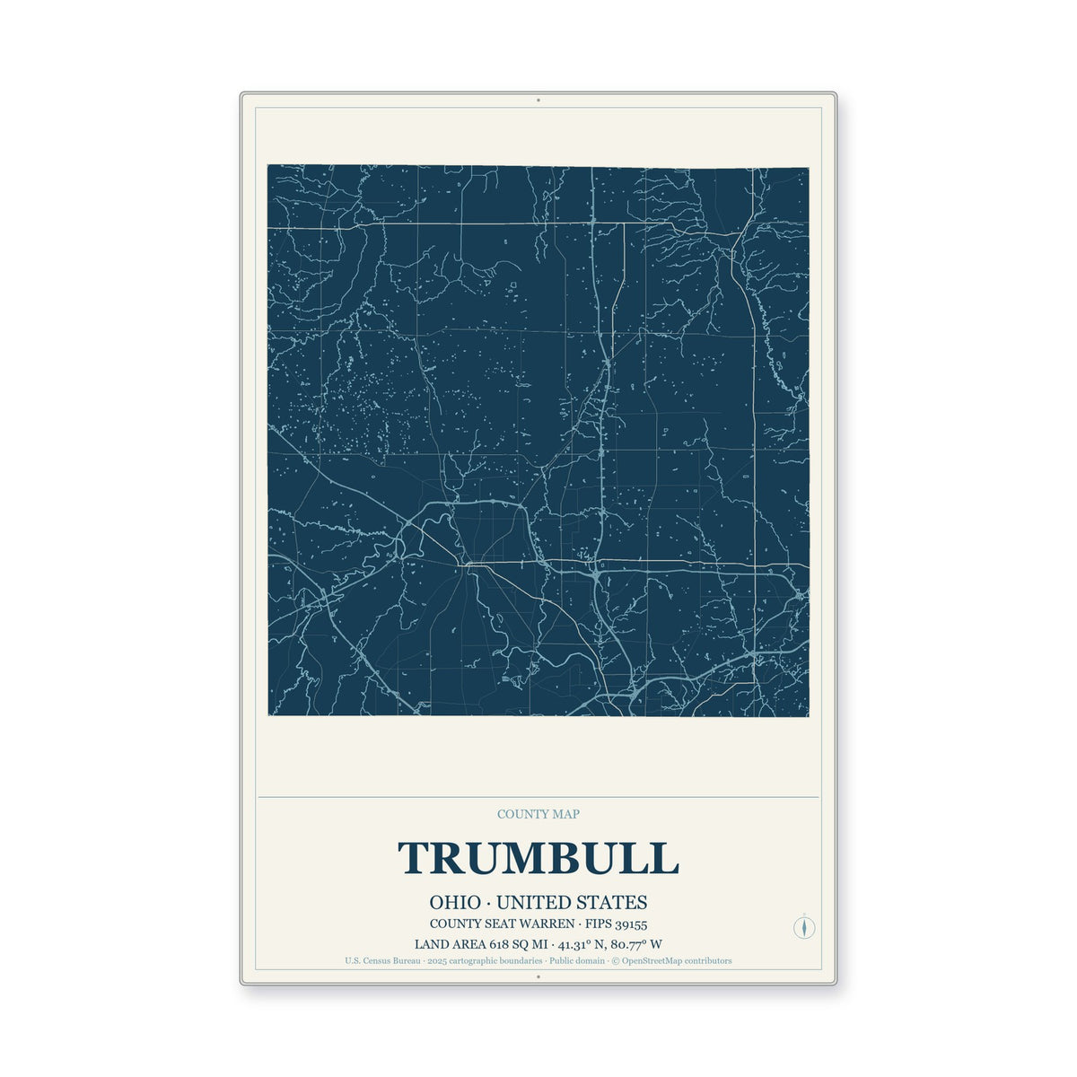 Trumbull County, Ohio Map Aluminum Sign in Coastal Cutout style