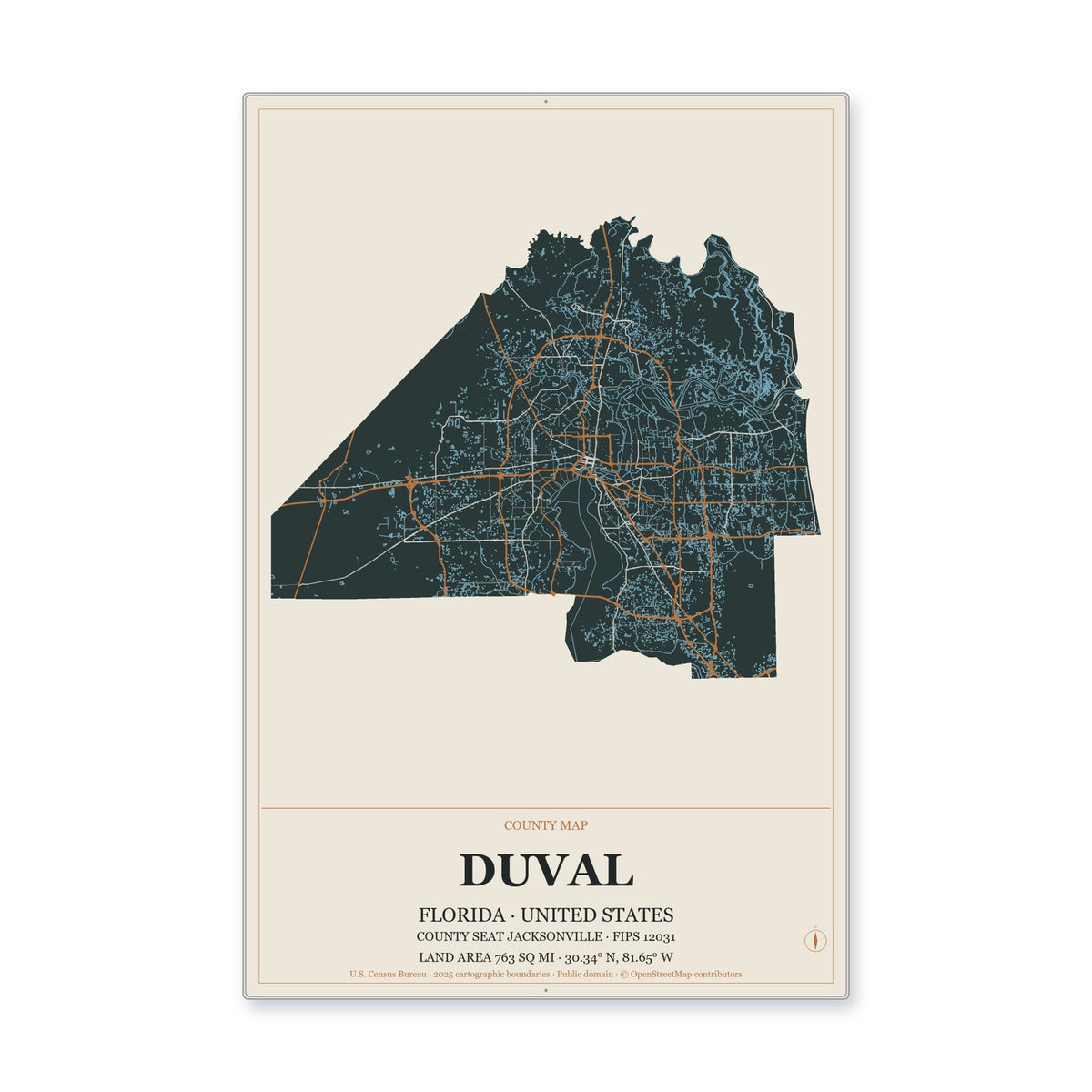 Duval County, Florida Map Aluminum Sign in Headline Atlas style
