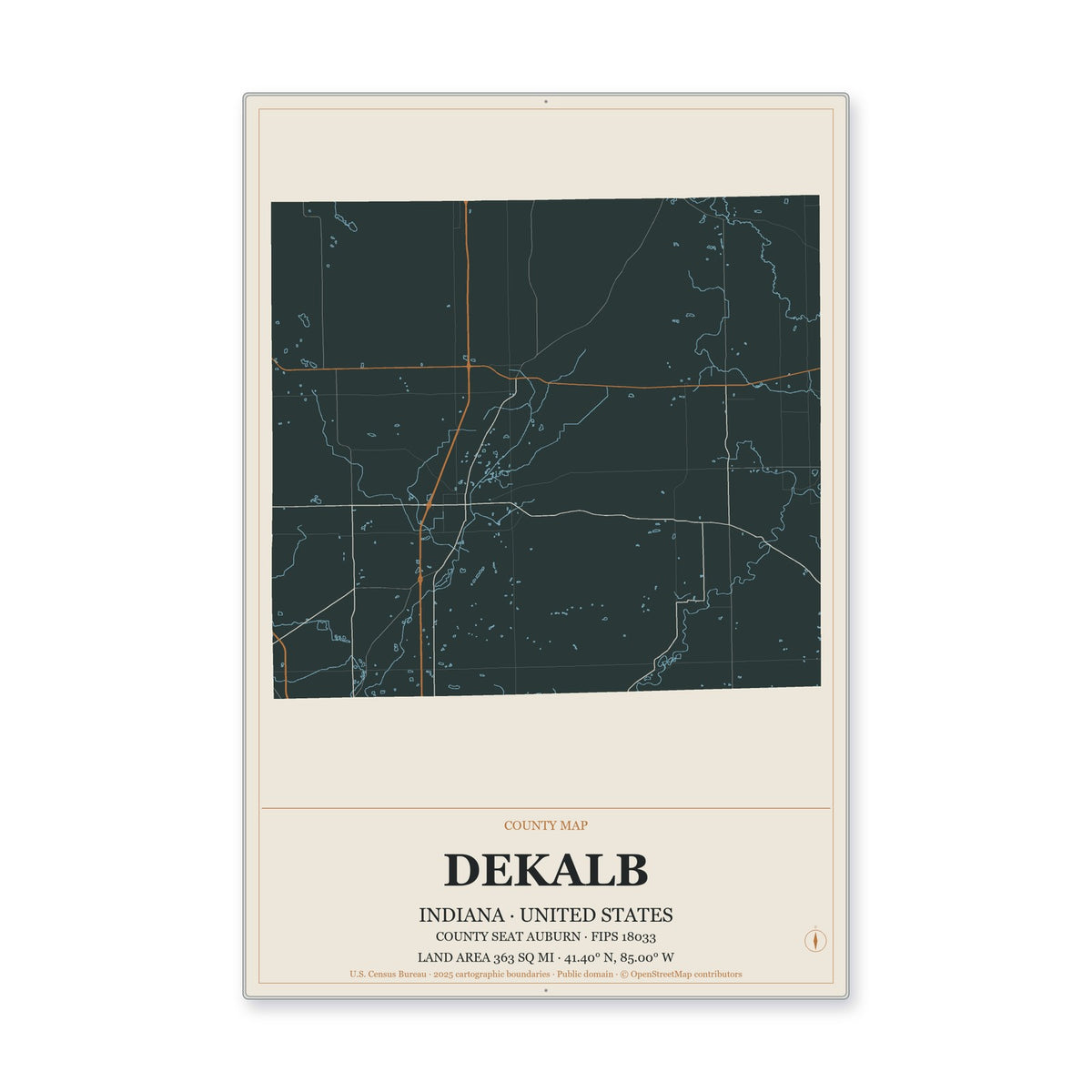 DeKalb County, Indiana Map Aluminum Sign in Headline Atlas style