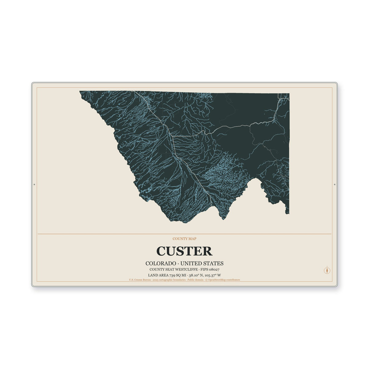 Custer County, Colorado Map Aluminum Sign in Headline Atlas style
