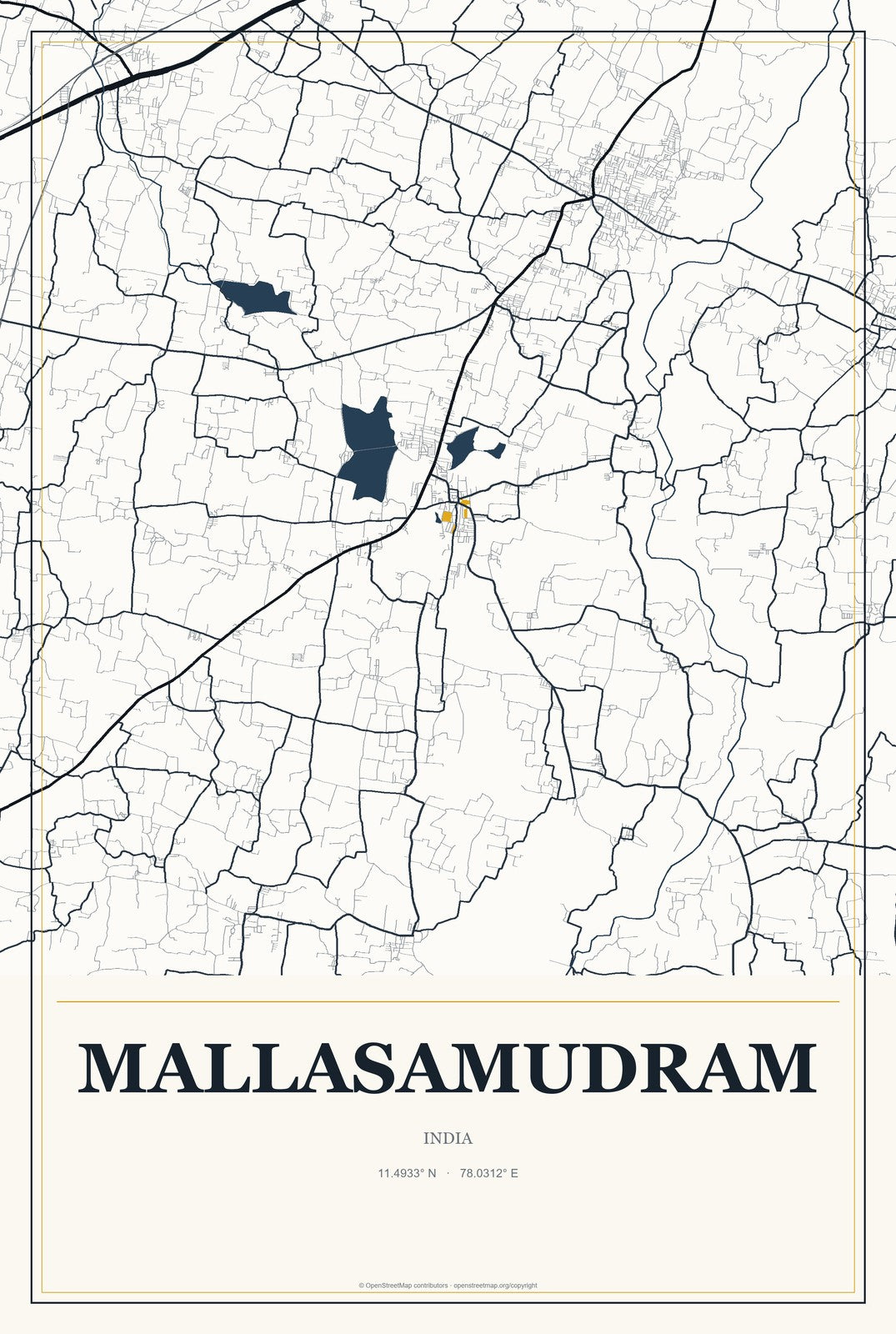 Mallasamudram, India City Map Aluminum Sign in Citrine Modern style