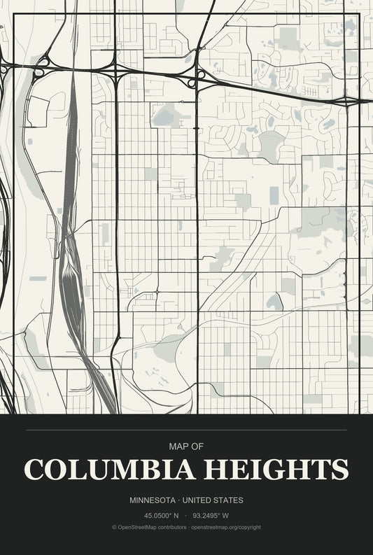 Columbia Heights, Minnesota City Map Aluminum Sign in Museum Plaque style