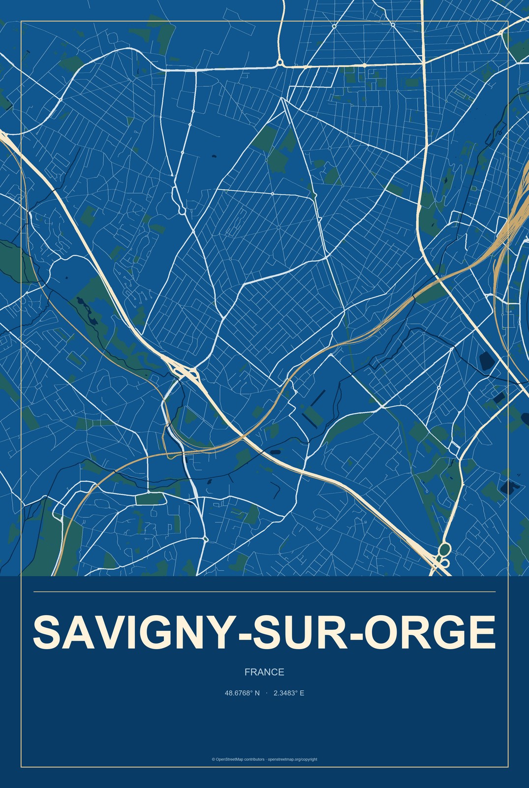 Savigny-sur-Orge, France City Map Aluminum Sign in Harbor Cobalt style