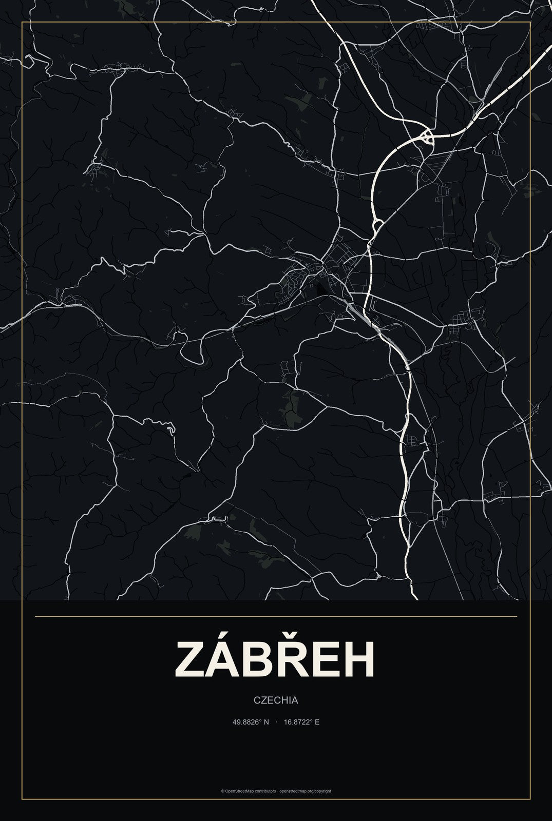 Zábřeh, Czechia City Map Aluminum Sign in Metropolitan Noir style
