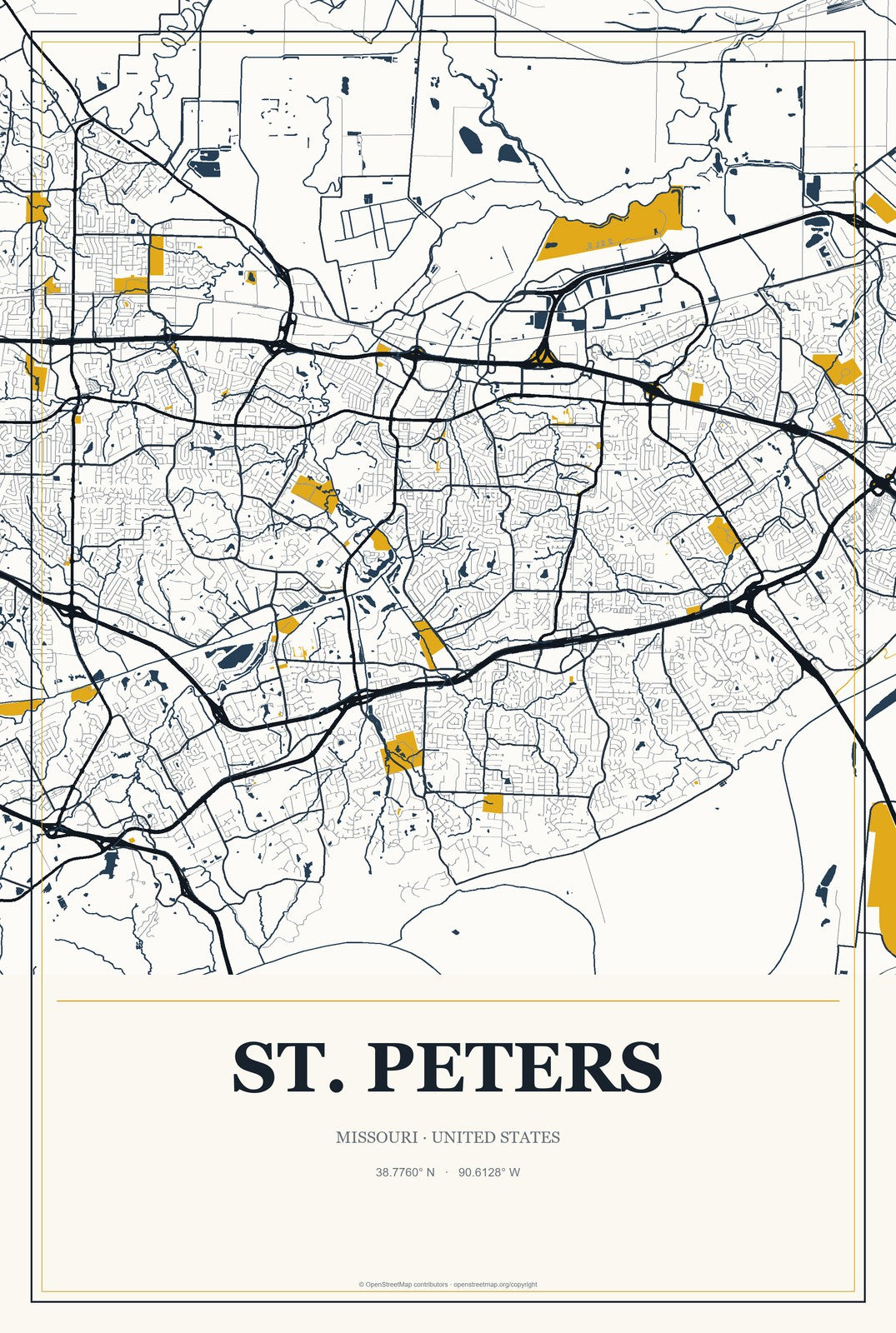 St. Peters, Missouri City Map Aluminum Sign in Citrine Modern style
