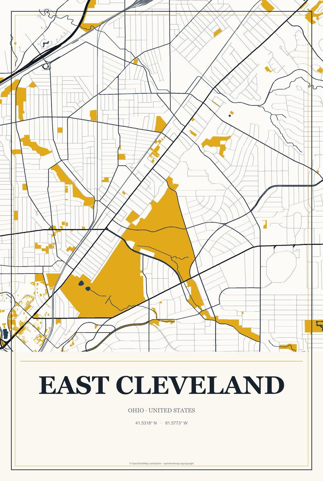 East Cleveland, Ohio City Map Aluminum Sign in Citrine Modern style