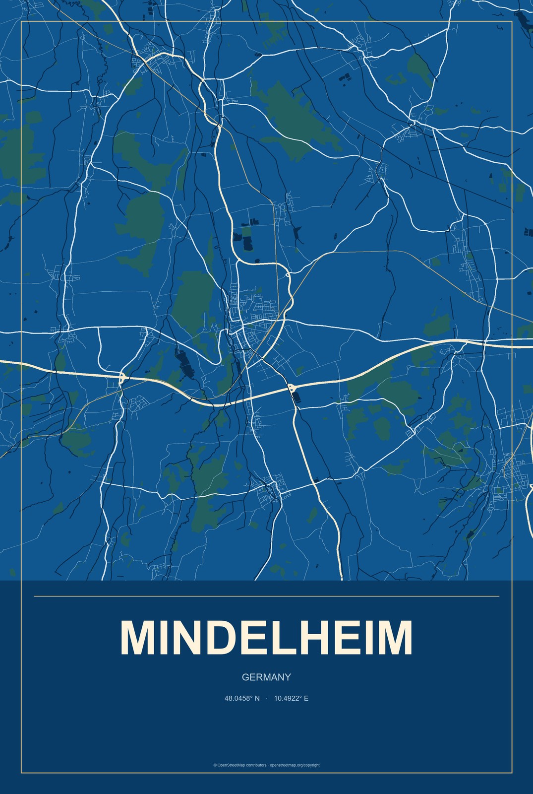 Mindelheim, Germany City Map Aluminum Sign in Harbor Cobalt style