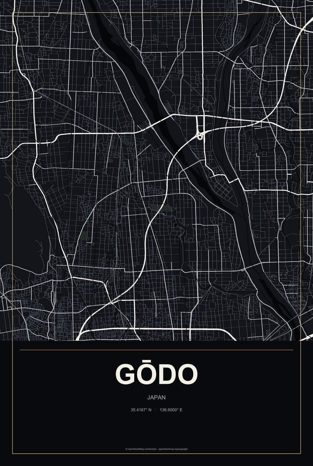 Gōdo, Japan City Map Aluminum Sign in Metropolitan Noir style