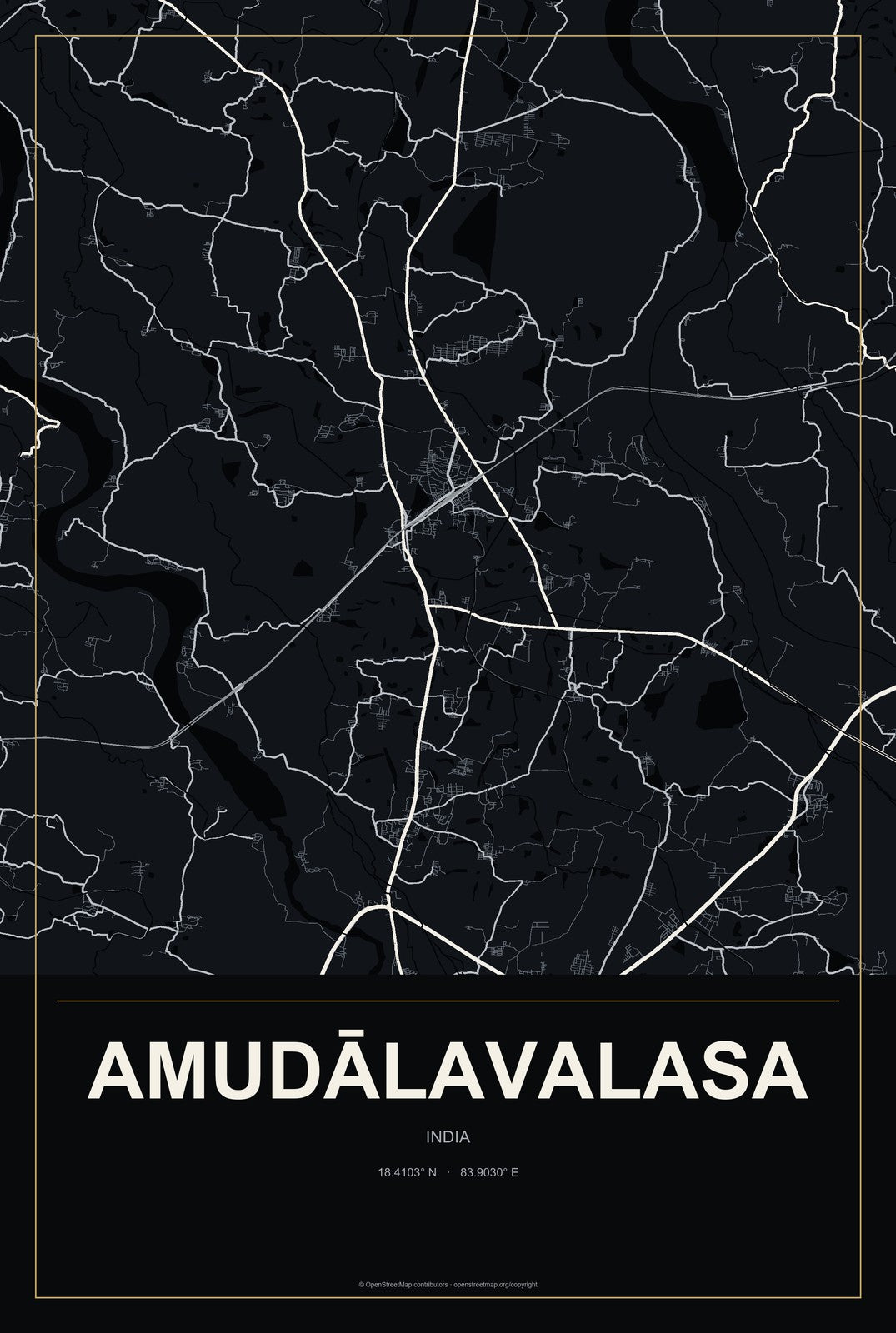 Amudālavalasa, India City Map Aluminum Sign in Metropolitan Noir style