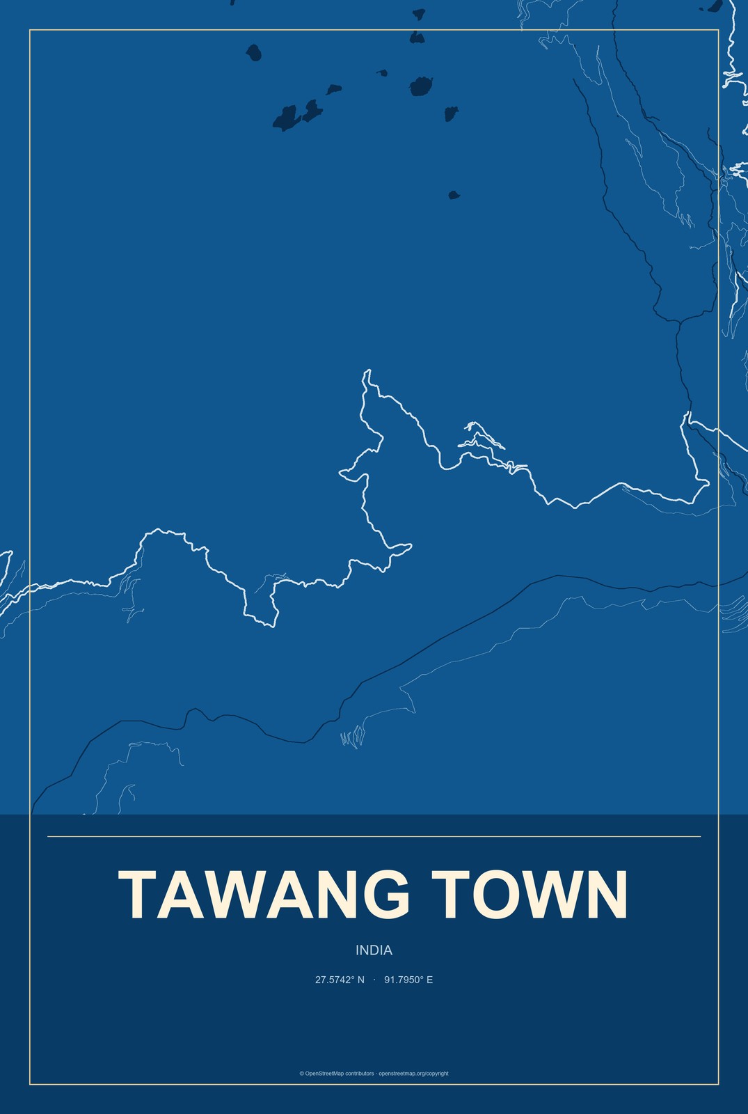 Tawang Town, India City Map Aluminum Sign in Harbor Cobalt style