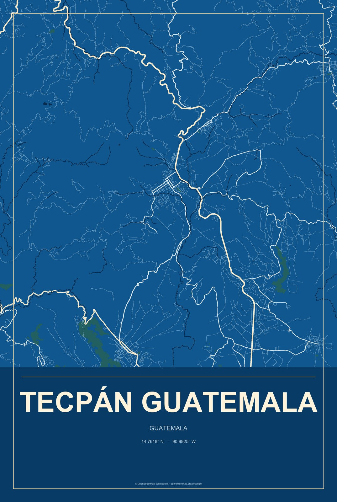 Tecpán Guatemala, Guatemala City Map Aluminum Sign in Harbor Cobalt style