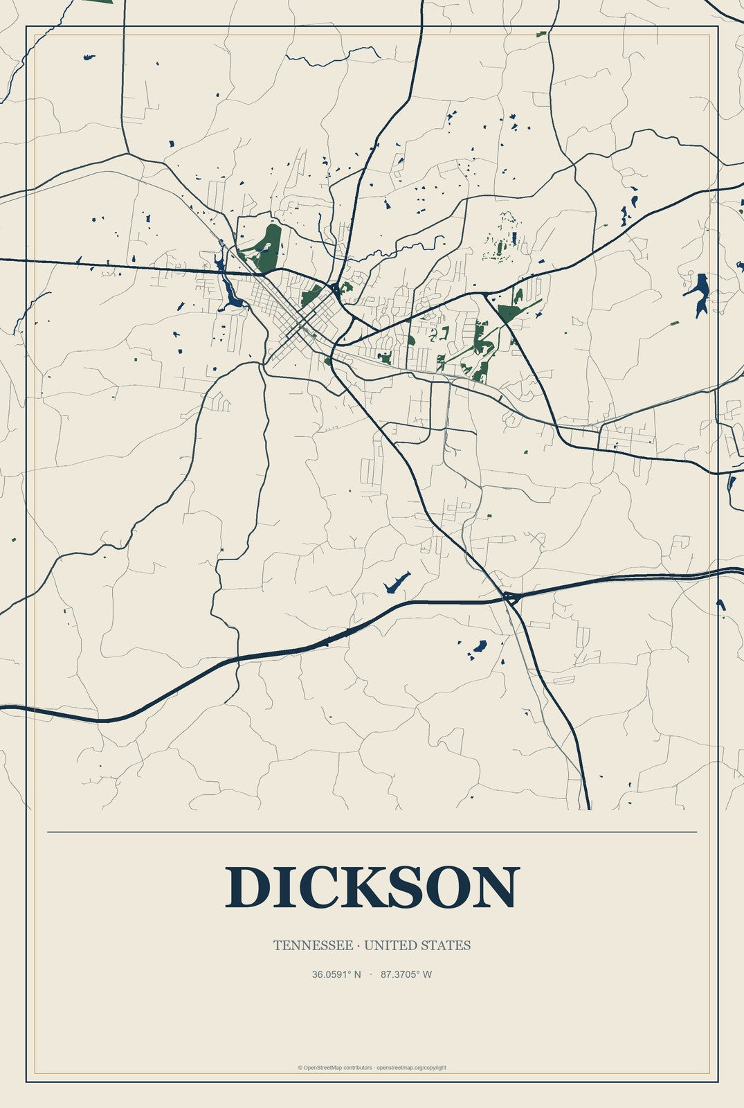 Dickson, Tennessee City Map Aluminum Sign in Coastal Cutout style