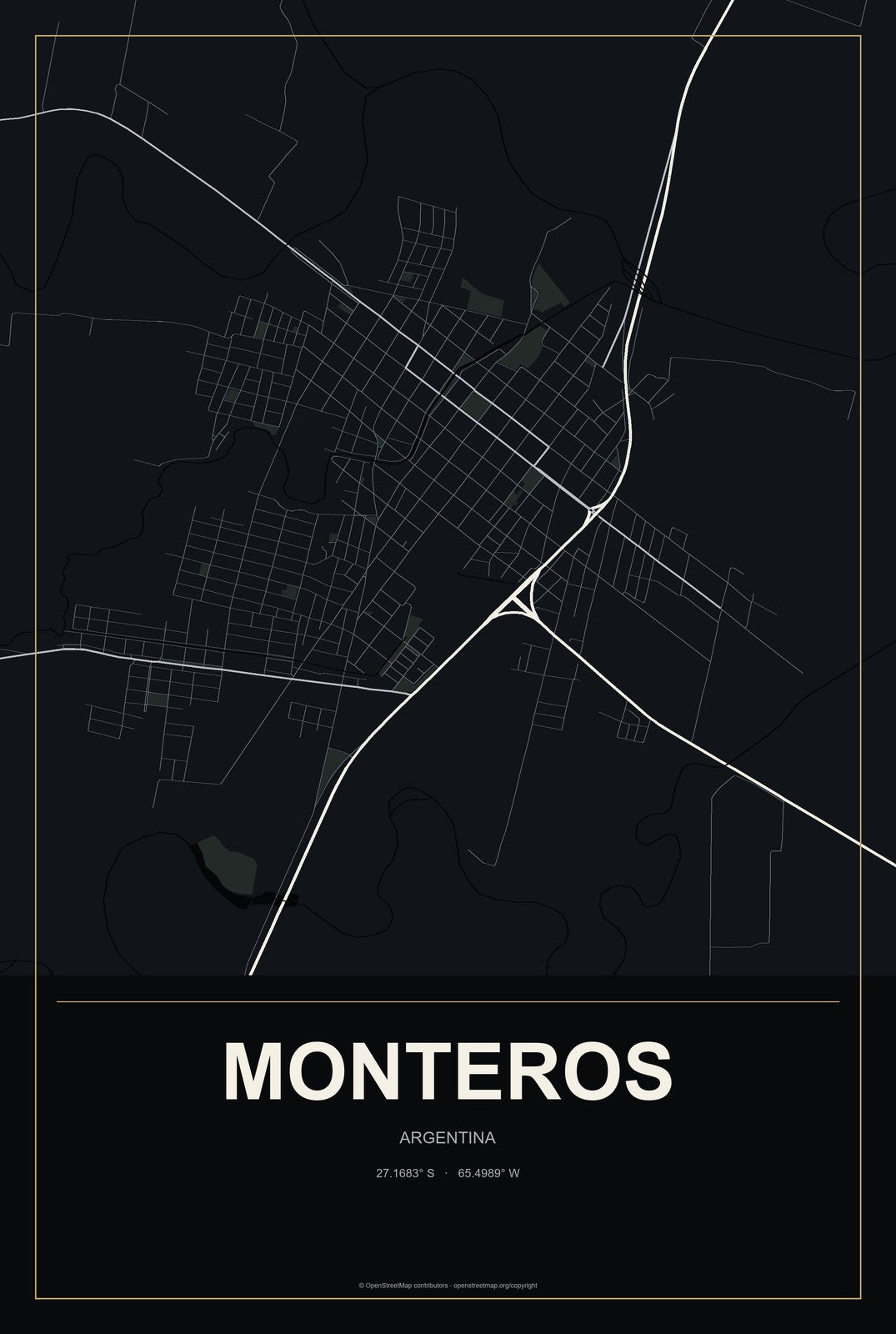Monteros, Argentina City Map Aluminum Sign in Metropolitan Noir style