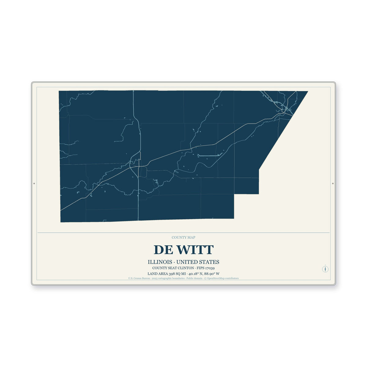 De Witt County, Illinois Map Aluminum Sign in Coastal Cutout style