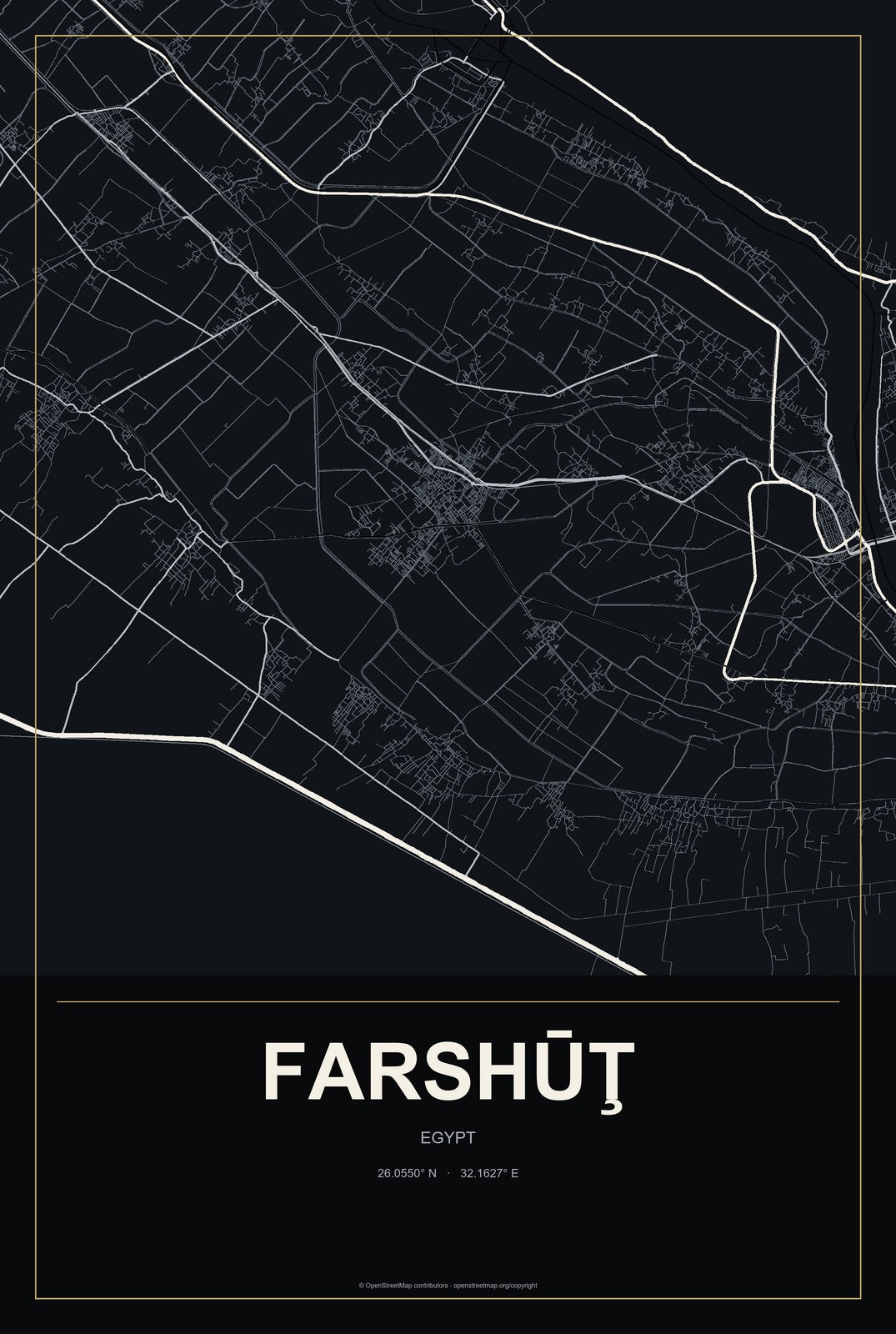 Farshūţ, Egypt City Map Aluminum Sign in Metropolitan Noir style