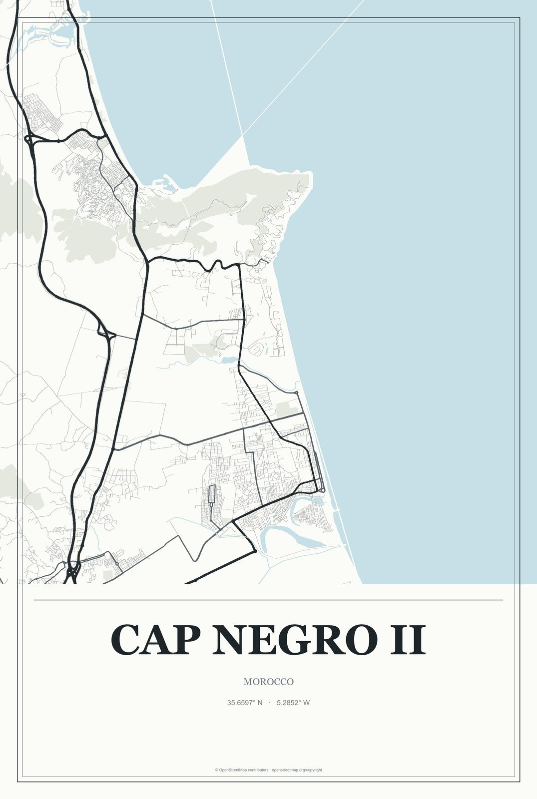 Cap Negro II, Morocco City Map Aluminum Sign in Gallery Air style