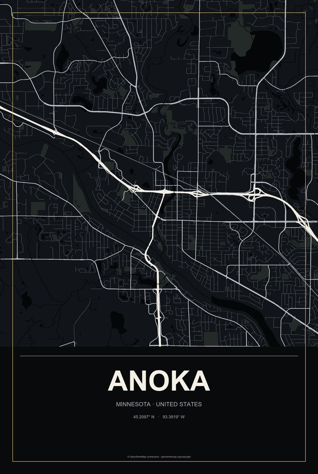 Anoka, Minnesota City Map Aluminum Sign in Metropolitan Noir style