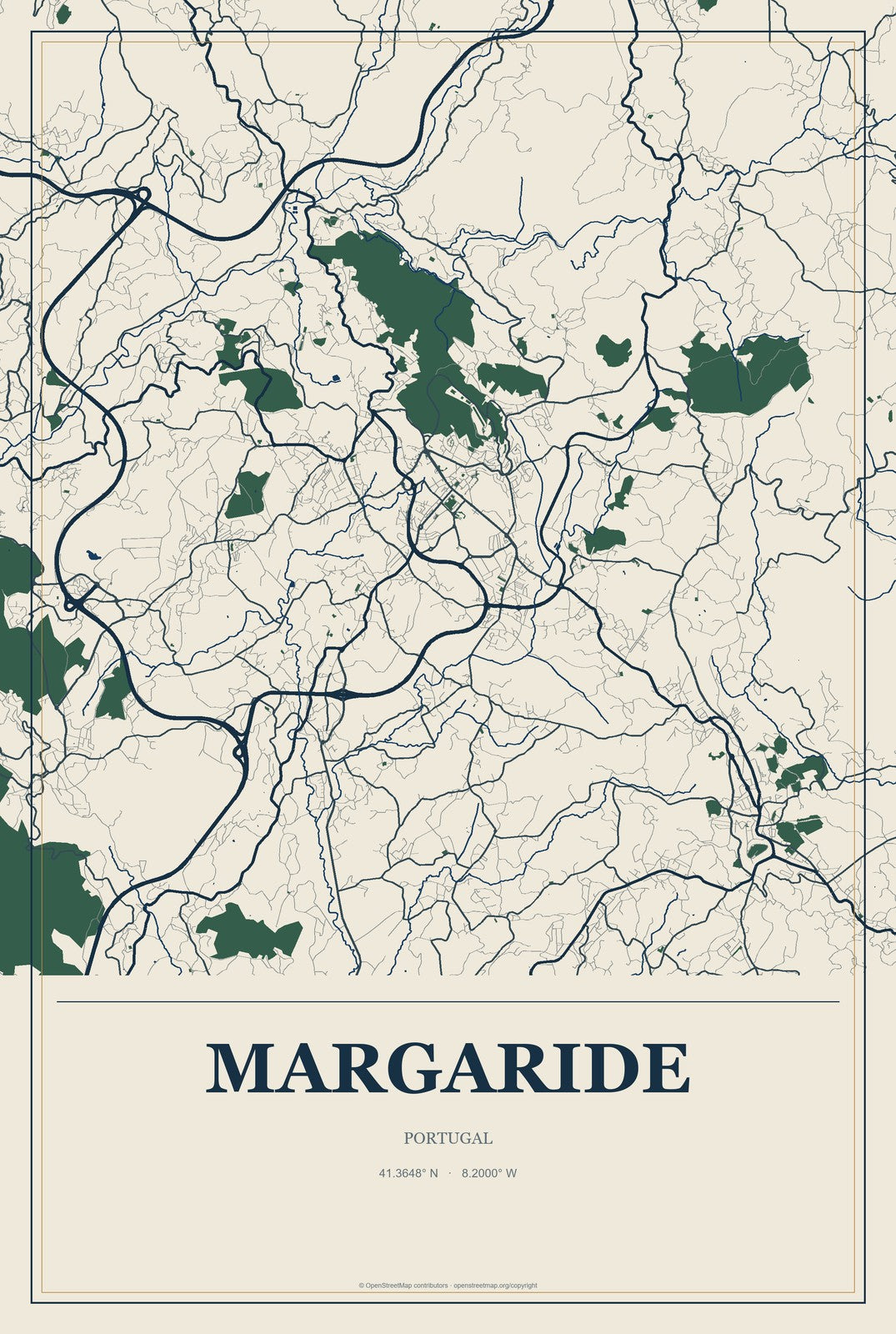 Margaride, Portugal City Map Aluminum Sign in Coastal Cutout style
