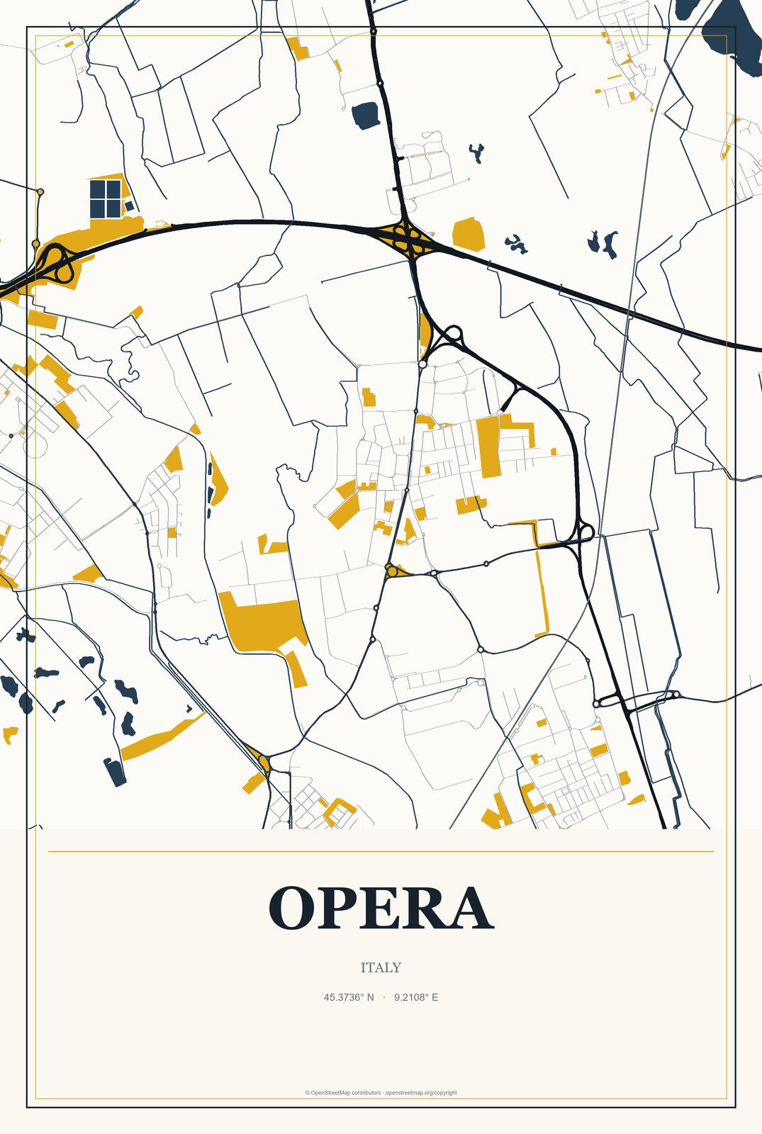 Opera, Italy City Map Aluminum Sign in Citrine Modern style