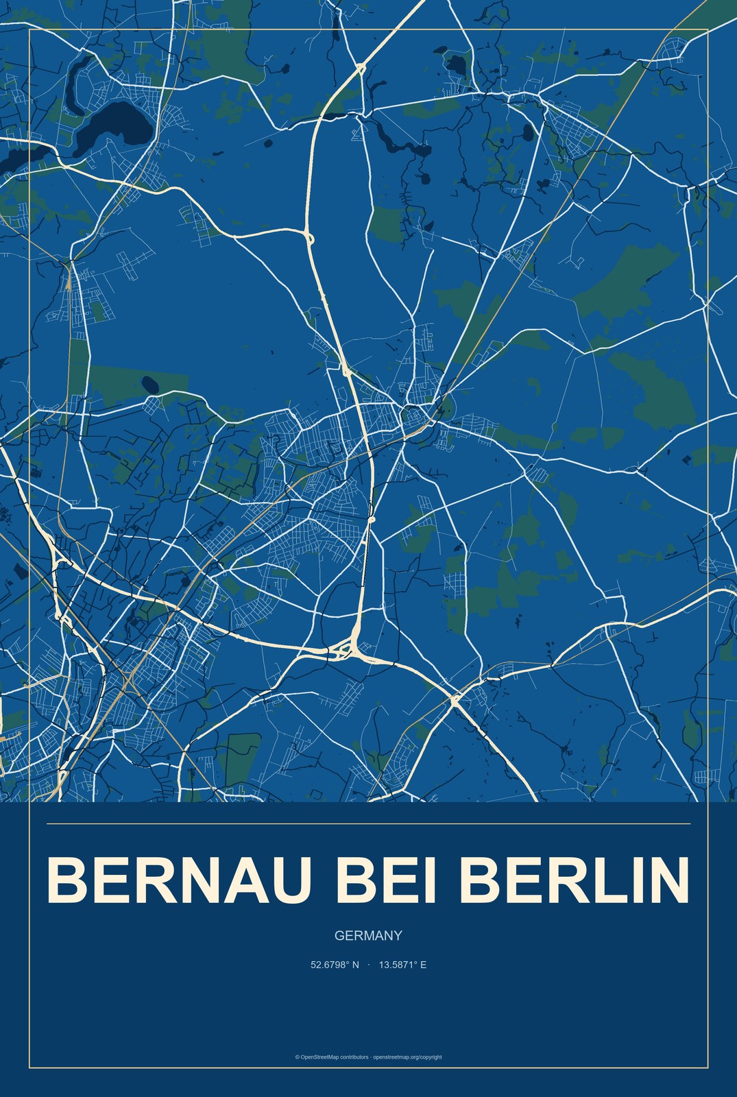 Bernau bei Berlin, Germany City Map Aluminum Sign in Harbor Cobalt style