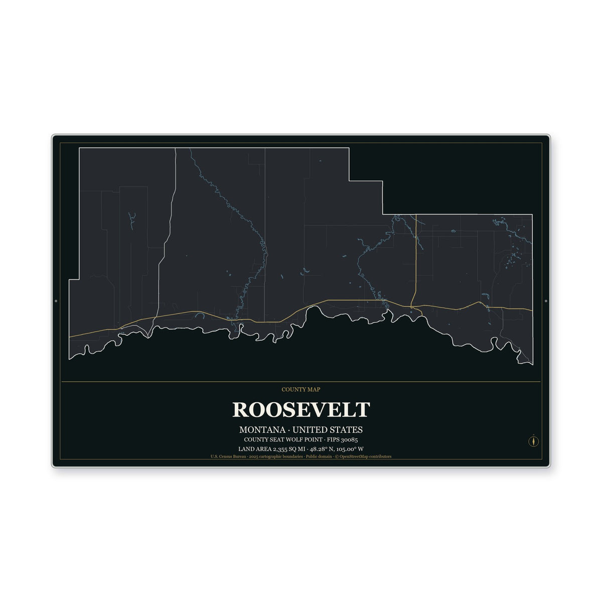 Roosevelt County, Montana Map Aluminum Sign in Metropolitan Noir style