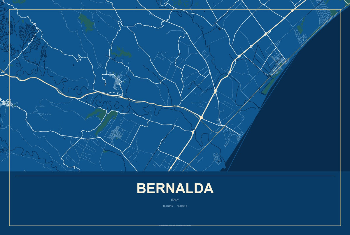 Bernalda, Italy City Map Aluminum Sign in Harbor Cobalt style
