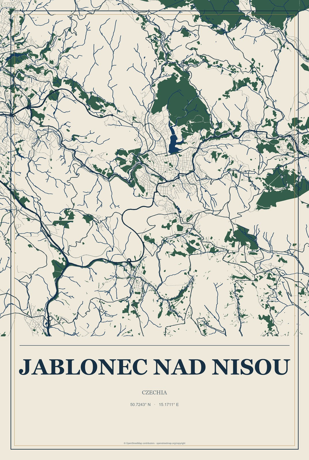Jablonec nad Nisou, Czechia City Map Aluminum Sign in Coastal Cutout style