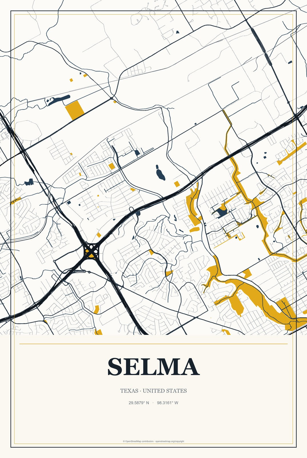 Selma, Texas City Map Aluminum Sign in Citrine Modern style