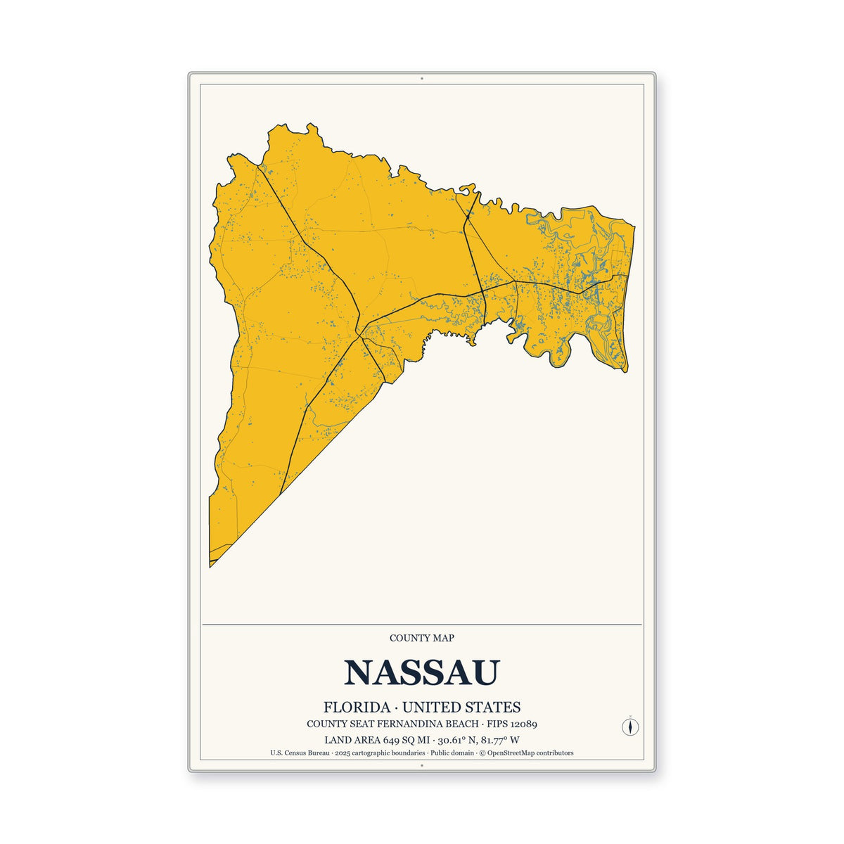 Nassau County, Florida Map Aluminum Sign in Citrine Modern style