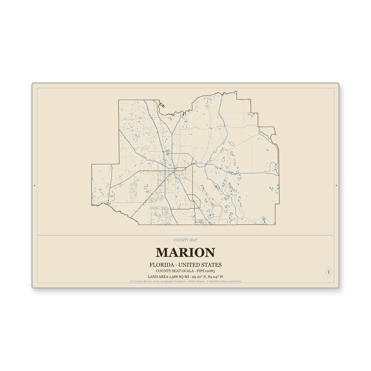 Marion County, Florida Map Aluminum Sign in Heritage Nautical style