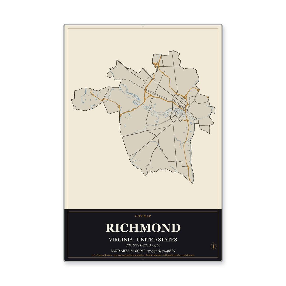 Richmond city, Virginia Map Aluminum Sign in Museum Plaque style