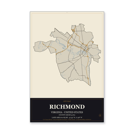Richmond city, Virginia Map Aluminum Sign in Museum Plaque style