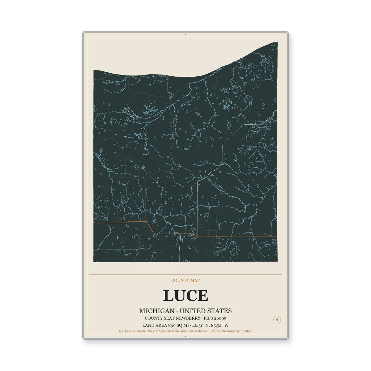 Luce County, Michigan Map Aluminum Sign in Headline Atlas style