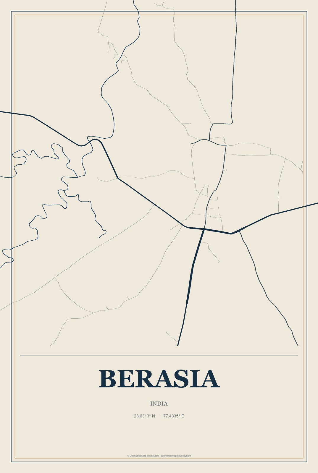 Berasia, India City Map Aluminum Sign in Coastal Cutout style