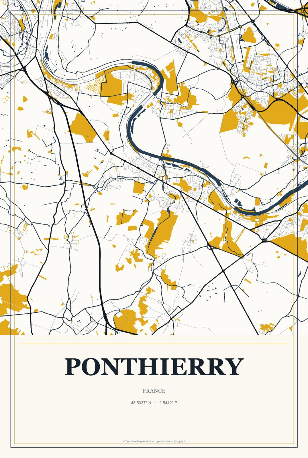 Ponthierry, France City Map Aluminum Sign in Citrine Modern style